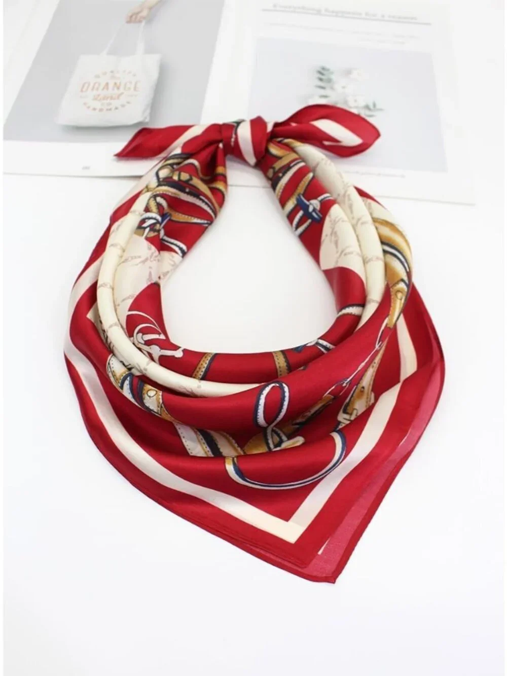 Women's Dark Red creamy White Square Scarf Hair Digital Printed Headscarf Silk